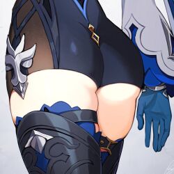 Rule 34 | 1girl, ass, black shorts, black thighhighs, blue gloves, close-up, commentary request, cowboy shot, eula (genshin impact), genshin impact, gloves, grey background, long sleeves, shibuki kamone, short shorts, shorts, solo, standing, thighhighs, thighs