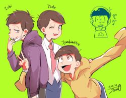 Rule 34 | 10s, 4boys, ;3, alternate costume, arm around waist, artist name, bad id, bad twitter id, brothers, brown hair, character name, cowboy shot, dated, green background, grin, hood, hoodie, jikuno, jitome, male focus, mask, matsuno ichimatsu, matsuno jyushimatsu, matsuno osomatsu, matsuno todomatsu, mouth mask, multiple boys, necktie, one eye closed, open mouth, osomatsu-kun, osomatsu-san, osomatsu (series), pink eyes, purple eyes, siblings, simple background, sleeves past wrists, smile, surgical mask, translation request, v, yellow eyes