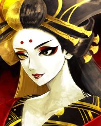 Rule 34 | 1girl, amazakura, bemani, black eyes, black hair, blonde hair, character request, eyeshadow, facial mark, faux traditional media, hair ornament, hair stick, heterochromia, highres, horns, japanese clothes, lipstick, long hair, makeup, multicolored hair, nihongami, parted lips, slit pupils, smile, solo, split-color hair, thick eyebrows, v-shaped eyebrows, yellow eyes