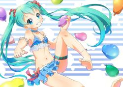 Rule 34 | 1girl, anklet, aqua hair, barefoot, bikini, blue eyes, blush, breasts, collarbone, feet, frilled bikini, frills, fuusen neko, grin, hatsune miku, jewelry, legs, long hair, navel, pointing, pointing at viewer, skirt, small breasts, smile, solo, swimsuit, toes, twintails, very long hair, vocaloid, water balloon