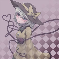 Rule 34 | 1girl, bow, checkered background, fading, grey eyes, hat, hat bow, heart, heart of string, komeiji koishi, long sleeves, looking at viewer, miata (miata8674), shirt, silver hair, solo, third eye, touhou, transparent, upper body, wide sleeves
