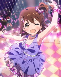 Rule 34 | &gt;;d, 10s, 1girl, ;d, arm up, armpits, artist request, bracelet, brown eyes, brown hair, choker, earrings, glowstick, idolmaster, idolmaster million live!, jewelry, kasuga mirai, looking at viewer, microphone, necklace, official art, one eye closed, one side up, open mouth, outstretched arms, skirt, smile, spread arms, stage, sweat, v-shaped eyebrows, wink