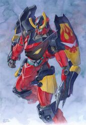 Rule 34 | clenched hands, commentary, commission, drill, english commentary, gurren-lagann, hector trunnec, highres, looking down, mecha, no humans, painting (medium), robot, science fiction, solo, super robot, tengen toppa gurren lagann, traditional media, watercolor (medium), yellow eyes