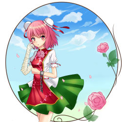 Rule 34 | 1girl, :o, bandages, blouse, blue sky, chain, clenched hand, cloud, cuffs, double bun, finger to face, flower, huihui langwaipo, ibaraki kasen, leaf, looking at viewer, petals, pink eyes, pink flower, pink hair, pink rose, puffy short sleeves, puffy sleeves, rose, shackles, shirt, short hair, short sleeves, skirt, sky, solo, tabard, touhou, wind