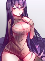 Rule 34 | 1girl, blush, breasts, cleavage, cleavage cutout, clothing cutout, doki doki literature club, eyebrows, large breasts, long hair, looking at viewer, matching hair/eyes, meme attire, open-chest sweater, open mouth, peachcak3, pen, purple eyes, purple hair, simple background, sitting, solo, sweater, thighhighs, very long hair, yuri (doki doki literature club)