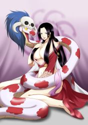 Rule 34 | 1girl, black eyes, black hair, boa hancock, breasts, cleavage, earrings, highres, huge breasts, jewelry, long hair, midriff, off shoulder, one piece, salome (one piece), shoes, sitting, skull, smile, snake, solo
