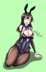 Rule 34 | 1girl, absurdres, adapted costume, anchor, animal ears, arm warmers, black hair, black one-piece swimsuit, black pantyhose, blue bow, blue bowtie, bow, bowtie, breasts, cameltoe, casual one-piece swimsuit, cleavage, commentary request, cosplay, covered navel, flak f2-gata, frilled one-piece swimsuit, frilled swimsuit, frills, gluteal fold, green background, hair ornament, hairclip, highleg, highleg swimsuit, highres, kantai collection, large breasts, one-hour drawing challenge, one-piece swimsuit, oyashio (kancolle), pantyhose, pantyhose under swimsuit, playboy bunny swimsuit, rabbit ears, sagiri (kancolle), sagiri (kancolle) (cosplay), side-tie swimsuit, sitting, solo, swimsuit, yellow eyes, yokozuwari