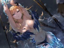 Rule 34 | 1girl, armpits, blonde hair, blue eyes, blush, breast tattoo, breasts, breasts apart, covering privates, covering breasts, demon girl, demon horns, demon tail, demon wings, funi mu9, green eyes, highres, hololive, horns, ice, large breasts, long hair, looking at viewer, navel, panties, parted lips, pointy ears, restrained, solo, tail, tattoo, thigh gap, underwear, virtual youtuber, wings, yuzuki choco