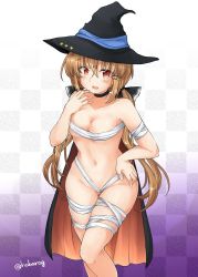 Rule 34 | 1girl, alternate costume, bandages, black hat, black ribbon, blush, breasts, brown hair, cape, cleavage, crossed bangs, habara meguru, hair ornament, hair ribbon, hairclip, halloween, hat, kantai collection, long hair, low twintails, medium breasts, navel, open mouth, orange eyes, ribbon, simple background, solo, star (symbol), tashkent (kancolle), twintails, twitter username, witch hat