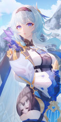 Rule 34 | 1girl, absurdres, black leotard, black thighhighs, blue hair, blue sky, blurry, cape, claymore (sword), cloud, cloudy sky, commentary request, depth of field, eula (genshin impact), genshin impact, hair between eyes, hair ornament, hairband, highres, holding, holding sword, holding weapon, leotard, long hair, long sleeves, looking at viewer, mountain, nalukikiki, necktie, parted lips, purple eyes, sidelocks, sky, solo, sword, thighhighs, vision (genshin impact), weapon, wind, zettai ryouiki