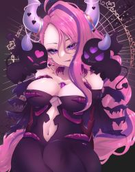 Rule 34 | 1girl, ahoge, black dress, black gloves, breasts, bubi (ironmouse), cleavage, commentary request, demon girl, demon horns, dress, earrings, elbow gloves, eyes visible through hair, gloves, heart, heart ahoge, highres, horns, ironmouse, ironmouse (underworld goddess), jewelry, large breasts, long hair, looking at viewer, mato-chan, matoko (matoko820), multicolored hair, navel, pink eyes, pink hair, pointy ears, purple hair, single earring, streaked hair, third eye, third eye on chest, tongue, tongue out, virtual youtuber, vshojo