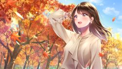 Rule 34 | 1girl, :d, amagi shino, autumn leaves, blue sky, blush, brown hair, brown shirt, cloud, day, highres, leaf, long hair, long sleeves, maple leaf, open mouth, original, outdoors, red eyes, shirt, sky, smile, solo, standing, tree