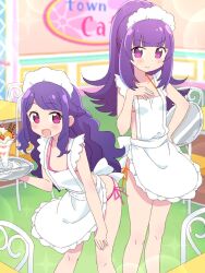 Rule 34 | 2girls, :d, apron, bikini, blunt bangs, blush, breasts, cafe, chair, feet out of frame, frilled apron, frills, hanazono mia, hanazono shuka, hand on own hip, hand on own leg, hand up, highres, holding, holding tray, idol time pripara, ikzw, indoors, leaning forward, long hair, looking at viewer, maid headdress, multiple girls, nearly naked apron, open mouth, orange bikini, parfait, pink bikini, ponytail, pretty series, pripara, purple eyes, purple hair, siblings, side-tie bikini bottom, sign, sisters, small breasts, smile, standing, swimsuit, table, tray, waitress, white apron
