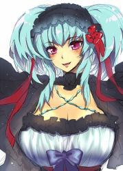 Rule 34 | 1girl, blue bow, blue hair, blush, bow, breasts, cleavage, cleavage cutout, clothing cutout, hairband, large breasts, lolita fashion, lolita hairband, looking at viewer, marilyn catto, open mouth, piaisai, purple eyes, smile, solo, super robot wars, super robot wars z, super robot wars z2, twintails, upper body, white background