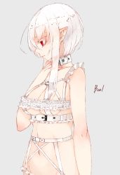 Rule 34 | 1girl, albino, arm at side, baal (shiomachi), bare shoulders, belt, breasts, buckle, character name, cleavage, closed mouth, collar, collarbone, colored eyelashes, animal collar, eyelashes, from side, grey background, groin, hand on own chest, looking down, midriff, navel, o-ring, original, pointy ears, profile, red eyes, revealing clothes, shiomachi, short hair with long locks, simple background, solo, stomach, text focus, underboob, upper body, colored eyelashes, white hair