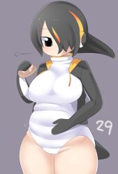 Rule 34 | 1girl, bird tail, black eyes, black hair, black jacket, breasts, closed mouth, commentary request, covered navel, cowboy shot, eating, emperor penguin (kemono friends), expressionless, food, grey background, hair between eyes, hair over one eye, headphones, highres, jacket, japari bun, kemono friends, large breasts, lets0020, long bangs, looking down, multicolored hair, numbered, one-piece swimsuit, open clothes, open jacket, orange hair, plump, short hair, simple background, solo, streaked hair, swimsuit, tail, weight conscious, white one-piece swimsuit