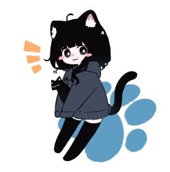 Rule 34 | 1girl, :3, ahoge, animal, animal ear fluff, animal ears, black cat, black eyes, black hair, black thighhighs, blush stickers, bright pupils, cat, cat ears, cat girl, cat tail, closed mouth, from side, grey hoodie, holding, holding animal, holding cat, hood, hood down, hoodie, long hair, long sleeves, looking at viewer, looking to the side, megateru, original, paw print, paw print background, sleeves past fingers, sleeves past wrists, smile, solo, tail, tail raised, thighhighs, white background, white pupils, zettai ryouiki