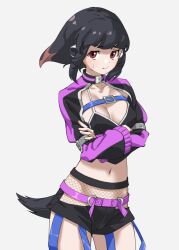 Rule 34 | 1girl, adelie penguin (kemono friends), arm belt, arms under breasts, belt, black hair, black shorts, breasts, collarbone, commentary, cowboy shot, crossed arms, dot nose, fishnets, grey background, headphones, highres, kemono friends, long sleeves, looking at viewer, medium breasts, medium hair, midriff, navel, pink belt, red eyes, short shorts, shorts, shrug (clothing), simple background, solo, sweatdrop, tanabe (fueisei)