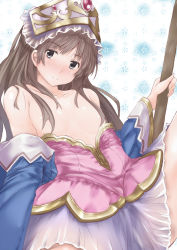 Rule 34 | 1girl, absurdres, atelier (series), atelier totori, blush, breasts, brown hair, convenient censoring, embarrassed, hair censor, hair over breasts, highres, long hair, small breasts, solo, staff, topless, totooria helmold