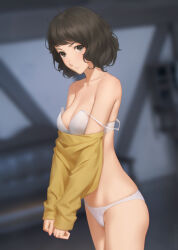 Rule 34 | 1girl, bare shoulders, black hair, blurry, blurry background, bra, breasts, brown hair, cleavage, clothes pull, collarbone, from side, highres, kawakami sadayo, looking at viewer, medium breasts, miura-n315, panties, parted lips, persona, persona 5, shirt, shirt pull, short hair, solo, strap slip, underwear, undressing, wavy hair, white bra, white panties, yellow shirt