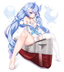 Rule 34 | 1girl, azur lane, bare shoulders, blue eyes, blue hair, blue horns, blush, breasts, choker, finger to mouth, full body, gold choker, horns, i-13 (azur lane), long hair, looking at viewer, one-piece swimsuit, pondel, ribbon-trimmed legwear, ribbon trim, see-through, see-through sleeves, simple background, single thighhigh, sitting, small breasts, solo, spread legs, swimsuit, thick eyebrows, thighhighs, translucent horns, twintails, very long hair, white background, white one-piece swimsuit, white thighhighs