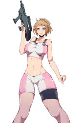 Rule 34 | 1girl, beam rifle, bike shorts, blue eyes, breasts, brown hair, commentary request, energy gun, gun, gundam, gundam build fighters, gundam build fighters try, highres, holding, holding gun, holding weapon, hoshino fumina, large breasts, looking at viewer, midriff, navel, ponytail, sakusakusakurai, simple background, smile, solo, uniform, weapon