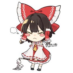 Rule 34 | 1girl, angry, ascot, bare shoulders, black hair, blush, blush stickers, bow, chibi, closed eyes, closed mouth, collared dress, commentary request, detached sleeves, dress, frills, full body, gohei, grey footwear, hair between eyes, hair ornament, hair tubes, hakurei reimu, highres, jill 07km, long sleeves, red bow, red dress, shoes, short hair, simple background, socks, solo, standing, touhou, v-shaped eyebrows, white background, white socks, wide sleeves, yellow ascot