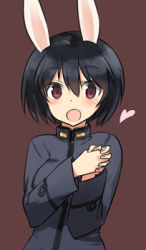 Rule 34 | 10s, 1girl, :o, animal ears, black hair, brave witches, hair between eyes, heart, interlocked fingers, long sleeves, looking at viewer, lowres, military, military uniform, open mouth, own hands clasped, own hands together, purple background, rabbit ears, rabbit girl, red eyes, shimada fumikane, shimohara sadako, short hair, simple background, solo, strike witches, uniform, upper body, world witches series