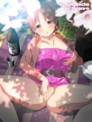 Rule 34 | 1girl, animated, blurry, blurry foreground, bottle, bottomless, breasts, brown eyes, brown hair, censored, cherry blossoms, cup, earrings, female ejaculation, female focus, female masturbation, female orgasm, grabbing own breast, idolmaster, idolmaster cinderella girls, indoors, jacket, jewelry, katagiri sanae, large breasts, legs apart, looking at viewer, masturbation, medium hair, moaning, mosaic censoring, necklace, no panties, orgasm, picnic blanket, solo, sound, strapless, sunlight, totoro on, tube top, video
