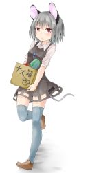 Rule 34 | &gt;:(, 1girl, absurdres, animal ears, blush, box, brown eyes, brown footwear, carrying, closed mouth, frown, full body, grey hair, grey skirt, grey thighhighs, grey vest, hair between eyes, highres, jewelry, looking at viewer, mouse ears, mouse tail, nazrin, netamaru, pendant, shoes, short hair, skirt, skirt set, solo, standing, tail, thighhighs, touhou, v-shaped eyebrows, vest