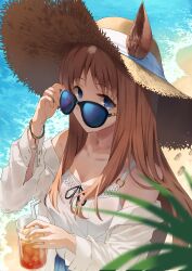 1girl adjusting_eyewear alternate_costume animal_ears beach blue_eyes bracelet breasts brown_hair collarbone commentary_request cup day disposable_cup drinking_straw ears_through_headwear grass_wonder_(umamusume) hat highres holding holding_cup horse_ears horse_girl jewelry long_hair multicolored_hair outdoors shiro3necro small_breasts smile solo straw_hat streaked_hair sunglasses umamusume upper_body water white_background white_hair