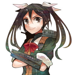 Rule 34 | 10s, 1girl, blouse, brown eyes, brown hair, cannon, catapult, crossed arms, elbow gloves, gloves, hair between eyes, hair ribbon, itomugi-kun, kantai collection, long hair, ribbon, shirt, short sleeves, single elbow glove, skirt, smile, solo, tone (kancolle), turret, twintails
