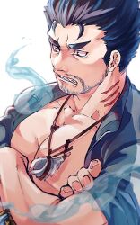 Rule 34 | 1boy, bara, bare pectorals, beard stubble, blue hair, crossed arms, dark blue hair, facial hair, fins, fish boy, from side, hydrokinesis, jacket, jewelry, large pectorals, long sideburns, looking ahead, male focus, mature male, muscular, muscular male, mustache stubble, necklace, noramoso, open clothes, open jacket, pectorals, sharp teeth, shell, shell necklace, short hair, sideburns, solo, stubble, teeth, thick eyebrows, tokyo houkago summoners, track jacket, triton (housamo), v-shaped eyebrows, water