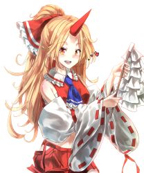 Rule 34 | 1girl, :d, absurdres, blonde hair, blush, bow, cosplay, detached sleeves, gohei, hair bow, hakurei reimu, hakurei reimu (cosplay), heart, highres, holding, holding stick, horns, hoshiguma yuugi, japanese clothes, long hair, looking at viewer, midriff, navel, open mouth, ponytail, red eyes, red skirt, ribbon, ribbon-trimmed sleeves, ribbon trim, sarashi, shirt, simple background, single horn, skirt, smile, solo, stick, sunnysideup, touhou, white background, wide sleeves