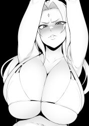 Rule 34 | 1girl, armpits, arms up, bikini, black background, blush, breasts, cleavage, collarbone, forehead jewel, greyscale, highres, huge breasts, lips, long hair, looking at viewer, mature female, monochrome, naruto (series), navel, parted lips, sian, simple background, skindentation, stomach, swimsuit, tsunade (naruto), underboob
