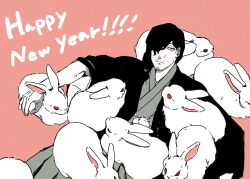 Rule 34 | 1boy, alternate costume, animal, black hair, boku no hero academia, chinese zodiac, closed mouth, commentary request, eraser head (boku no hero academia), facial hair, grey kimono, happy new year, highres, japanese clothes, kimono, long hair, looking at viewer, lying, makimaki megane, male focus, new year, on back, pink background, rabbit, red eyes, simple background, solo, stubble, too many, too many rabbits, year of the rabbit