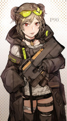 Rule 34 | 1girl, ammunition, brown hair, bullet, bullpup, character name, collarbone, eyewear on head, fn 5.7x28mm, girls&#039; frontline, glasses, gloves, gun, highres, hiranko, holding, holding gun, holding weapon, hood, hoodie, horizontal magazine, long sleeves, neck ribbon, p90, p90 (girls&#039; frontline), pdw cartridge, personal defense weapon, red eyes, ribbon, see-through, short hair, submachine gun, tactical clothes, thigh strap, thighs, tongue, tongue out, translucent, weapon