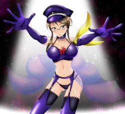 Rule 34 | 1girl, aqua eyes, arm ribbon, arms up, artist request, bare shoulders, belt, belt collar, black panties, black thighhighs, blush, boots, bow, breasts, brown hair, buckle, cleavage, collar, collarbone, contrapposto, cowboy shot, dancing, elbow gloves, foreshortening, garter belt, garter straps, glasses, gloves, halterneck, hat, highleg, highleg panties, large breasts, legs apart, looking at viewer, midriff, misha, misha movrenko, navel, outstretched arms, outstretched hand, panties, parted lips, peaked cap, purple belt, purple footwear, purple gloves, purple hat, red bow, ribbon, see-through, shiny skin, short hair, short hair with long locks, skirt, solo, sparkle, spotlight, stage, standing, stomach, swept bangs, thigh boots, thighhighs, underwear, venus project, yellow ribbon, zettai ryouiki