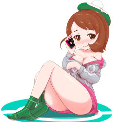 Rule 34 | 1girl, ass, blush, breasts, cleavage, closed mouth, creatures (company), game freak, gloria (pokemon), hat, highres, large breasts, looking at viewer, microsd (pibo), nintendo, off shoulder, pokemon, pokemon swsh, simple background, smile, solo, white background