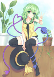 Rule 34 | 1girl, adapted costume, arch, between legs, black thighhighs, casual, collarbone, east01 06, green eyes, green hair, hand between legs, hat, unworn hat, hat ribbon, unworn headwear, heart, heart of string, highres, holding, holding clothes, holding hat, komeiji koishi, long hair, looking at viewer, matching hair/eyes, no shoes, plant, potted plant, ribbon, shirt, shorts, sitting, sleeveless, sleeveless shirt, smile, solo, thighhighs, third eye, touhou, v