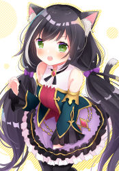 1girl :o animal_ear_fluff animal_ears bare_shoulders black_hair black_pantyhose blue_sleeves blush bow breasts cat_ears cat_girl cat_tail commentary_request detached_sleeves diagonal_stripes fang frilled_skirt frills green_eyes hair_bow highres hinanosuke karyl_(princess_connect!) long_hair long_sleeves low_twintails medium_breasts open_mouth pantyhose princess_connect! purple_bow purple_skirt shirt skirt sleeveless sleeveless_shirt sleeves_past_wrists solo striped tail teeth twintails upper_teeth_only v-shaped_eyebrows very_long_hair white_shirt wide_sleeves