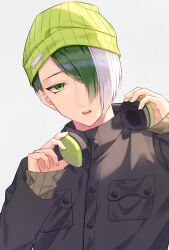 Rule 34 | 1boy, be imaro, beanie, black jacket, blue lock, character request, commentary request, green eyes, green hair, green hat, grey background, hair over one eye, hat, headphones, headphones around neck, highres, jacket, long sleeves, looking at viewer, male focus, multicolored hair, otoya eita, parted lips, simple background, sleeves past wrists, solo, teeth, two-tone hair, upper body, upper teeth only, white hair
