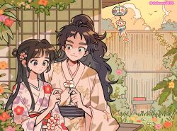 Rule 34 | 1boy, 1girl, blush, closed mouth, couple, dolman (dm), flower, garden, highres, japanese clothes, kimono, long hair, original