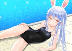 Rule 34 | 1girl, alternate costume, animal ear fluff, animal ears, bare arms, bare legs, bare shoulders, black one-piece swimsuit, blue hair, breasts, closed mouth, competition school swimsuit, competition swimsuit, covered navel, hair between eyes, hand on own hip, highres, hololive, long hair, looking at viewer, lying, on side, one-piece swimsuit, pool, rabbit ears, rabbit girl, red eyes, school swimsuit, sidelocks, small breasts, solo, spaghetti strap, straight hair, surgate matias, swimsuit, thighs, usada pekora, virtual youtuber