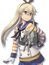 Rule 34 | 10s, 1girl, adapted costume, black eyes, blonde hair, gloves, hairband, itou (onsoku tassha), kantai collection, long hair, looking away, microskirt, rensouhou-chan, shimakaze (kancolle), skirt, solo, striped, striped sleeves, white background, white gloves