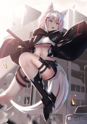 Rule 34 | 1girl, animal ear fluff, animal ears, bad id, bad pixiv id, black footwear, black gloves, black shorts, boots, breasts, building, center opening, cloak, crop top, day, fox ears, fox girl, fox tail, gloves, gun, handgun, highres, holding, holding gun, holding weapon, holster, knee boots, medium hair, micro shorts, midriff, mirufuaa, multicolored hair, navel, open mouth, original, outdoors, pistol, red eyes, shirt, shorts, silver hair, small breasts, solo, stomach, streaked hair, sunlight, suppressor, tail, thigh strap, thighs, trigger discipline, v-shaped eyebrows, weapon, white shirt
