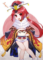 Rule 34 | 1girl, bare legs, benienma (fate), blunt bangs, commentary request, eyebrows hidden by hair, eyelashes, fate/grand order, fate (series), feather collar, feet out of frame, gold trim, invisible chair, knees, long hair, long sleeves, looking at viewer, low ponytail, open mouth, petite, red eyes, red hair, ribbon-trimmed sleeves, ribbon trim, sitting, solo, tassel, translation request, very long hair, very long sleeves, wide sleeves