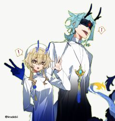 Rule 34 | 1boy, 1girl, absurdres, blindfold, blonde hair, blue gloves, chinese zodiac, dottore (genshin impact), dragon horns, dragon tail, dress, genshin impact, gloves, hand up, hat, highres, horns, intertwined tails, jewelry, kradebii, long sleeves, lumine (genshin impact), necklace, open mouth, parted bangs, sharp teeth, simple background, smile, tail, tassel, teeth, tongue, tongue out, v, vietnamese dress, white background, white dress, white hat, year of the dragon, yellow eyes