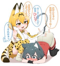 Rule 34 | 2girls, :3, absurdres, all fours, animal ears, bare shoulders, black gloves, black hair, black pantyhose, blonde hair, blue eyes, blush, cat ears, cat girl, cat tail, chis (js60216), commentary request, elbow gloves, extra ears, fang, gloves, grey shorts, high-waist skirt, highres, kaban (kemono friends), kemono friends, kemonomimi mode, multiple girls, no shoes, pantyhose, print gloves, print skirt, print thighhighs, red shirt, serval (kemono friends), serval print, shirt, short hair, short sleeves, shorts, skirt, sleeveless, squatting, t-shirt, tail, thighhighs, translation request, white shirt, yellow eyes, zettai ryouiki