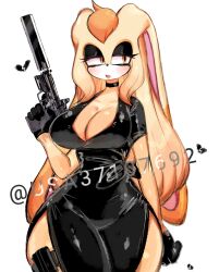 Rule 34 | 1girl, beige fur, black dress, blonde hair, blush, breasts, brown fur, cleavage, cocktail dress, dress, furry, furry female, gloves, gun, heart, highres, large breasts, long hair, rabbit ears, rabbit girl, side slit, solo, sonic (series), suppressor, thick thighs, thighs, usa37107692, vanilla the rabbit, weapon, wide hips, yellow eyes